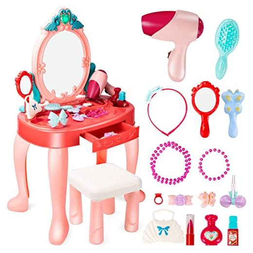 UNIH Toddler Vanity Set Kids Toy Vanity Table for Little Girls with Mirror and Stool, Princess Vanity Toys for 2 3 4 5 Year Old Girls Gift