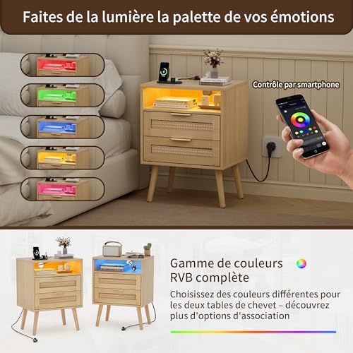 Lot 2 Tables de Chevet LED Rotin avec USB-C BonVache