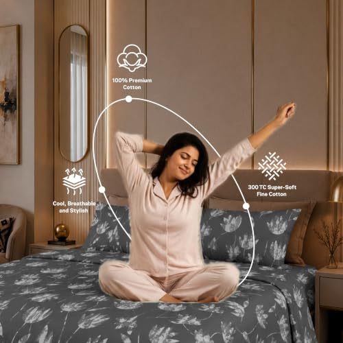 Image of Jaipur Weaves Cotton King Size Bedsheet 108x108 Super King, 100% Pure Cotton Bed Sheet with 2 Pillow Covers, 300 TC Soft Breathable Floral Design Bedding (Grey Tulips, Super King)