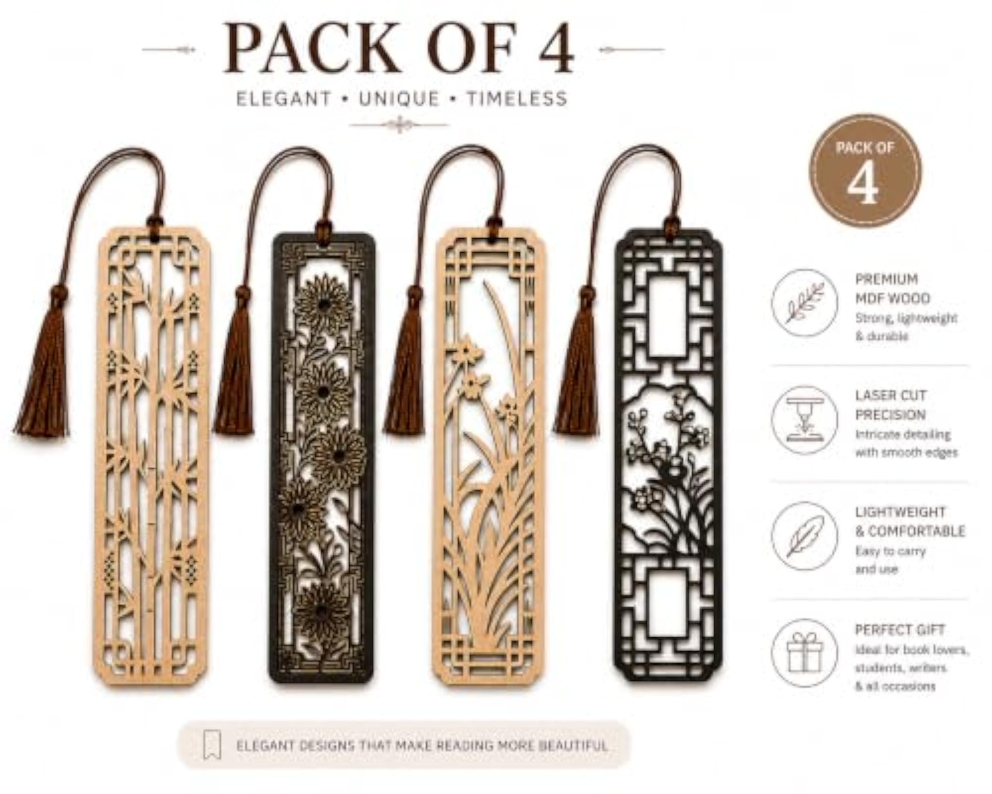 Set of 4 Wooden Laser Cut Bookmarks Decorative MDF