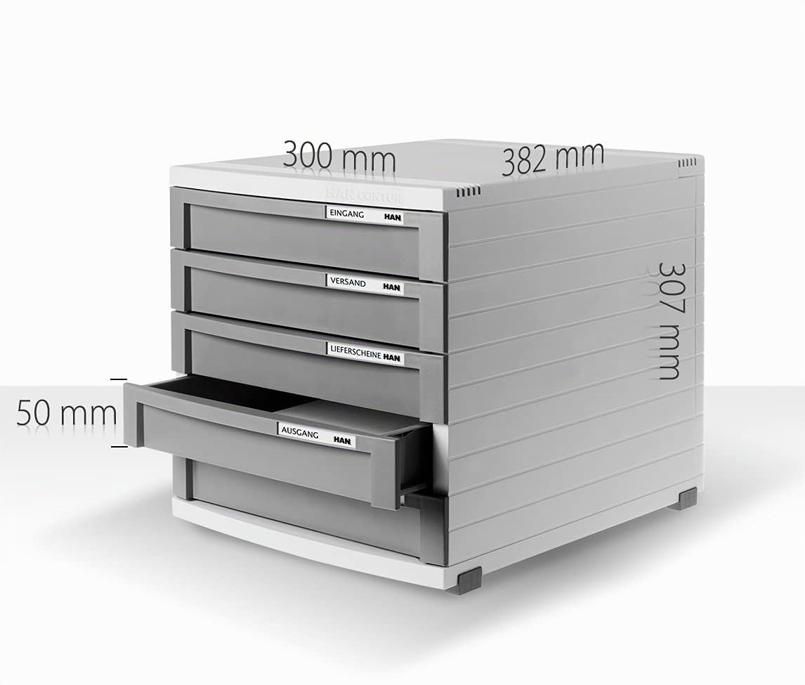 HAN Schubladenbox CONTUR mit 5 hohen geschlossenen Schubladen bis Format B4, inkl. Auszugsperre, inkl. Beschriftungsschildern, Gummifüße, modular erweiterbares Schubladensystem, 1505-11, lichtgrau