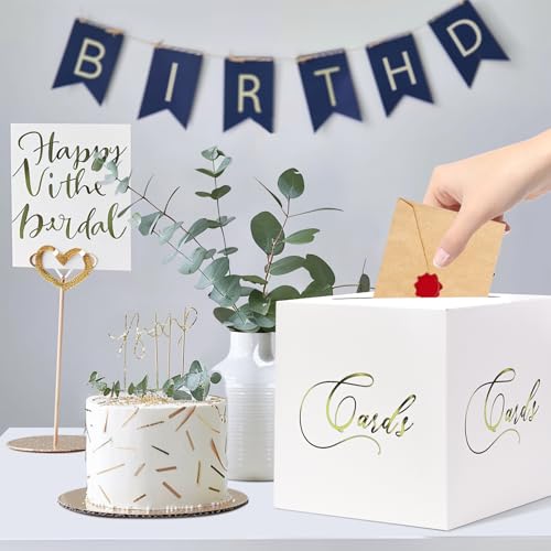 Image of White and Gold Card Box Gift Card Box Holder Envelope Box for Wedding Birthday Baby Shower Retirement Party Graduation Card Box