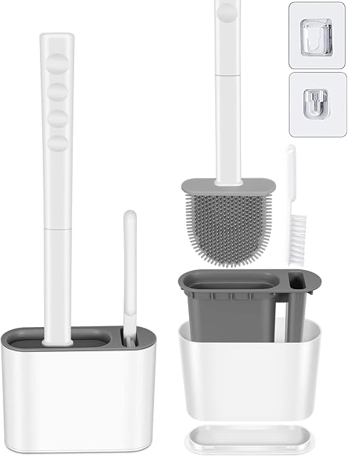 Toilet Brush and Holder Set, VIAFOIA Flexible Deep-Cleaning Toilet Brush with Ventilation Slots Base, Floor Standing & Wall Mounted Compact Size Toilet Scrubber Brushes Without Drilling For Bathroom