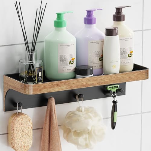Lewono Shower Caddy Adhesive with 5 Hooks & Drainage No-Drill Wood