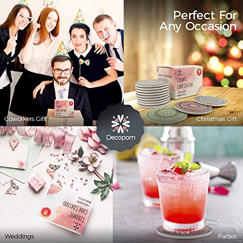 Decopom Drink Coasters Stone Mandala With Holders - 12 Pack Cute Cool Drink Coasters Absorbent Ceramic Round Edge With Cork Base And 2 Black Iron Holders For Apartment Table Bar Mugs Glasses Cup Beer #TOP5