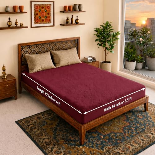 Image of Lithara Terry Cotton Fitted Mattress Protector for Queen /Double Bed | Waterproof & Elastic Band | Ultra Soft & Hypoallergenic Mattress Cover | Size : 66 x 72 Inches (5.5 x 6 Feet) | (Wine Red)