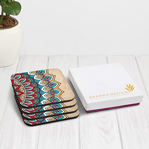 Image of Wooden Coaster Set with Gift Box | Mandala Vintage 2 Design | Set of 4 Tabletop Square Coasters 3.75 inch x 3.75 inch | Kitchen Table Wooden Decorative Items | for Cups, Mugs, Cans, Glasses