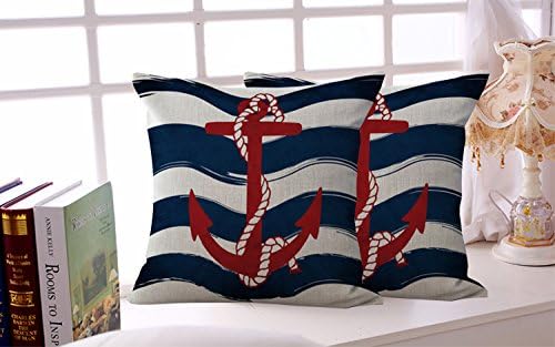 Miracle Dec Nautical Fashion Stripes Anchor Pattern Linen&Polyester Square Throw Pillow Covers Cushion Covers Textured (18"x18",2pack, Red&Blue)