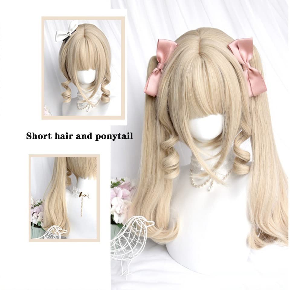 Perruque blonde de cheveux synthétiques ondulés avec frange et double queue de cheval - 3