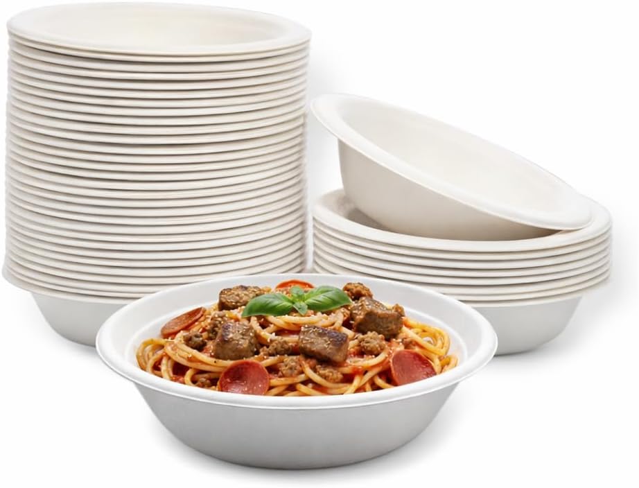 32 oz Compostable Bagasse Bowls – Disposable Sugarcane Fiber Bowls | PFAS-Free, Microwave Safe | Eco-Friendly Soup & Food Serving Bowls for Restaurants & Catering (25)