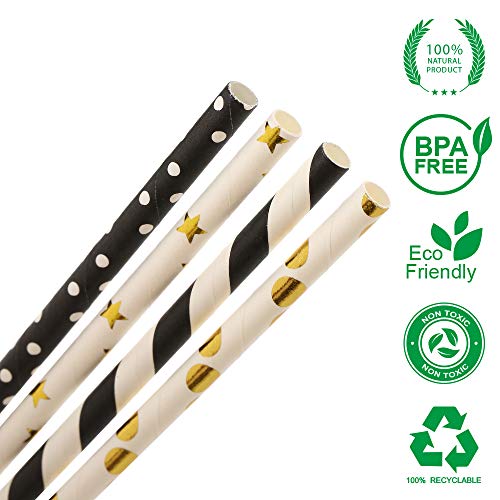 Paper straws for drinking, disposable biodegradable cocktail straws, perfect for Birthday, Party Supplies , Baby shower, Wedding/Bridal, Holiday Decoration, Gexolenu (Black Gold, 200pcs/pack)