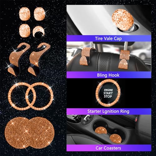 JINGSEN 25PCS Bling Car Parts Set, Car Parts Set Female Plug Universal 15 Inch, Shiny License Plate Frame, Center Console Cover and Rearview Mirror Set and Other Car Accessories(Orange)