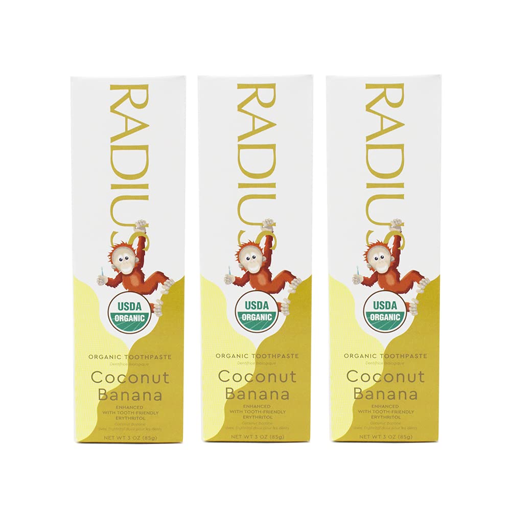 RADIUSUSDA Kids Organic Toothpaste in Non Toxic Designed to Improve Gum Health for Children 6 Months and Up, Original, Coconut Banana, 9 Ounce