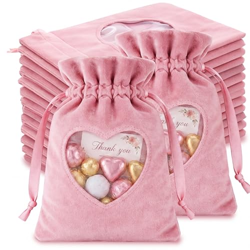 Yoojahow 48 Pcs Pink Velvet Organza Gift Bags with Drawstring 4 x 6 Inch Velvet & Heart Organza Jewelry Pouches Glossy Small Cloth Bag for Wedding Bridal Shower Baby Shower Party Favor