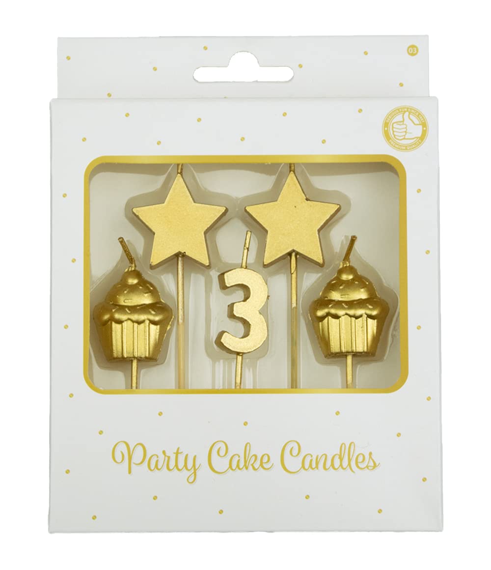 PD-Party - Golden Birthday Candles - Number 3 - 3x9x1 cm - Odorless - Wax - Unisex - All Season - Birthday & Party - Indoor/Outdoor