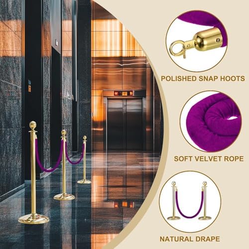 3.3FT Purple Velvet Rope with Gold Hooks - Luxury Stanchion for Events, Movie Theaters, Grand Openings, and Hotel Parties - Queue Line Divider & Obstacle Barrier