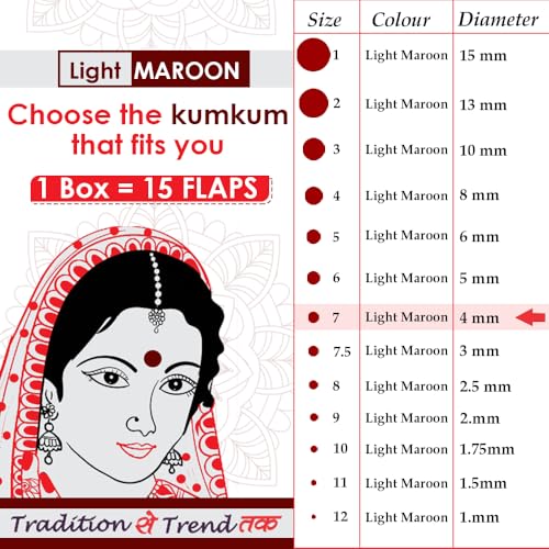 Image of PERPAA Premium Velvet Sticker Kumkum Bindi Box of 15 Flaps - Pottu for Women,Ladies, Girls (Size 7, Diameter 4mm, Light Maroon)