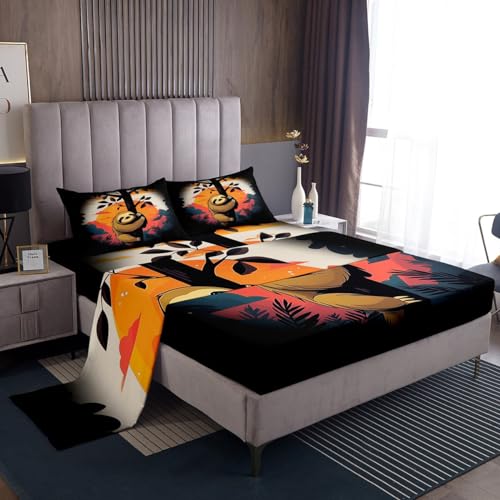 Manfei Cartoon Sloth Fitted Sheet Set Full Size 4 Pcs,Jungle Wild Animal Botanical Tree Leaves Teens Sheets,Watercolor Nature Sunset Bedding Sets (1 Fitted,1 Flat,2 Pillowcases) Bed Sheets