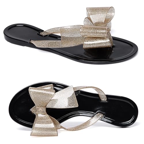 Image of Mtzyoa Women Flip-Flops Flat Sandals Jelly Bow Beach Flat Rivets Rain Cute Dressy Summer Sandals