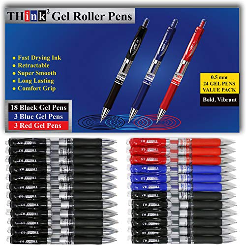 Image of [24 Pens - 3 Colors] Think2 Retractable Gel Pens. (18 Black, 3 Red, 3 Blue) Fine Point (0.5mm) Rollerball Pens with Comfort Grip.
