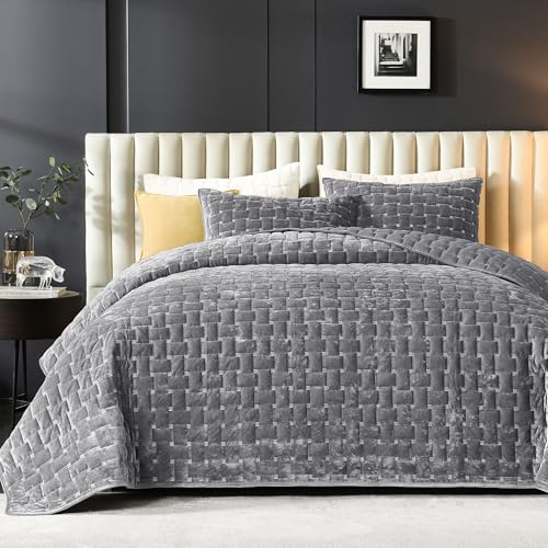 Image of Grassix Velvet Quilt Set King Size, Luxury Geometric Design, Dark Grey | Lightweight Velvet Comforter with 2 Pillow Shams, Soft Bedspread Coverlet, Quilted Bedding Set for All Seasons, 108 inchx96 inch