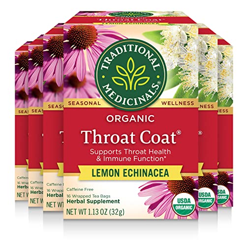 Traditional Medicinals Organic Throat Coat Lemon Echinacea Seasonal Tea, 16 Tea Bags (Pack of 6)
