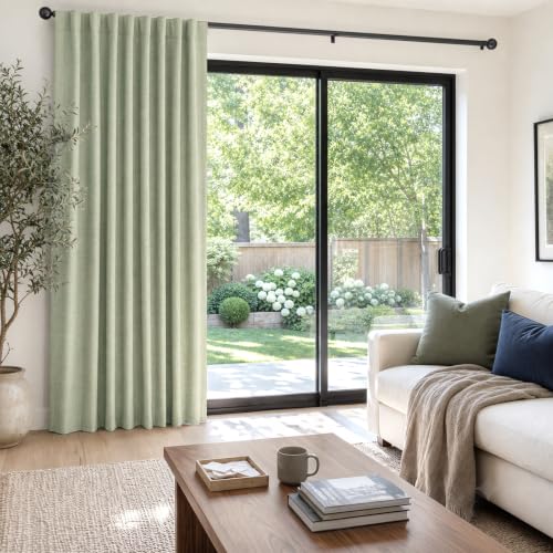 Image of 100% Blackout Shield Linen Blackout Sliding Door Curtains for Living Room, Back Tab /Rod Pocket Thermal Insulated Curtains for Sliding Glass Doors, 1 Panel Set, 100 inch W x 108 inch L, Sage Green