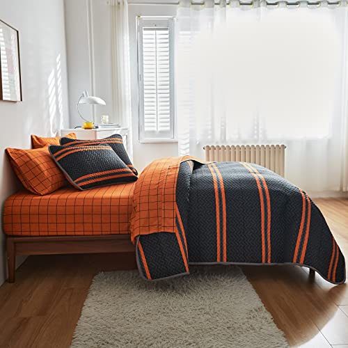 Flysheep Modern Boho Quilt Set King, 3 Pcs Bright Orange Striped On Black Bedspread, Soft Microfiber Coverlet For All Season - 1 Quilt And 2 Pillow Shams #TOP5