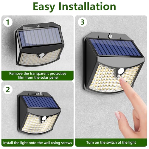 Giliwosy Luce Solare Led Esterno, 3 Modos IP65 Impermeabile Faretto Led Da Esterno Con Sensore Di Movimento, Lampada Solare Da Esterno Per Giardino, Parete, Garage (4 Pezzi Bianco Caldo) - 6
