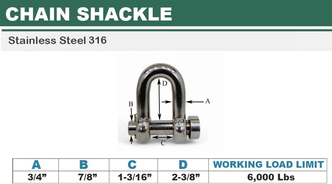 Prolinemax Marine Stainless Steel T316 Forged 3/4" Round Pin Chain Shackle 6,000 Lb WLL