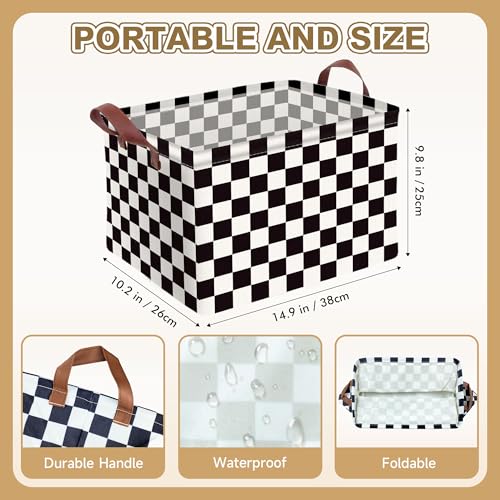 Image of Checkered Storage Basket Waterproof Canvas Toy Storage Bin Race Car Room Decor Collapsible Outdoor Basket with Leather Handles Checkered Decor Car Blanket Baskets For Closets,Bedrooms,Gifts Baskets