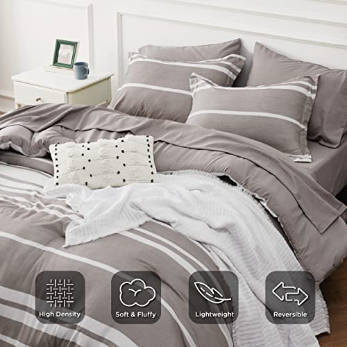 Image of Bedsure California King Comforter Set 7 Pieces, Taupe Striped Bedding Set for All Seasons, Reversible, Cationic Dyeing Bed in a Bag with Comforter, Sheets, Pillowcases & Shams