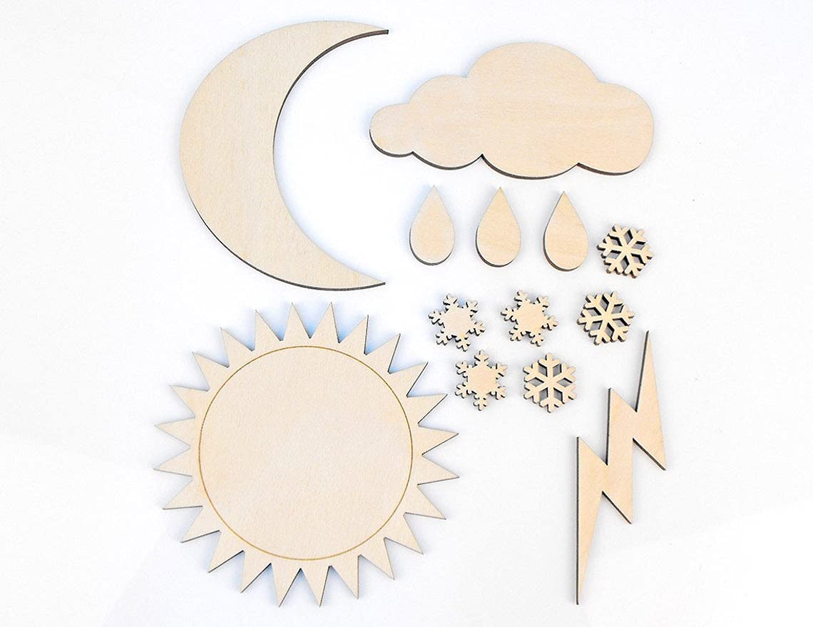 American-ElmAmericanElm Combo Pack Wooden Sun, Moon, Cloud, Snowflakes, Lightning Shapes Art Projects Craft Christmas Decoration