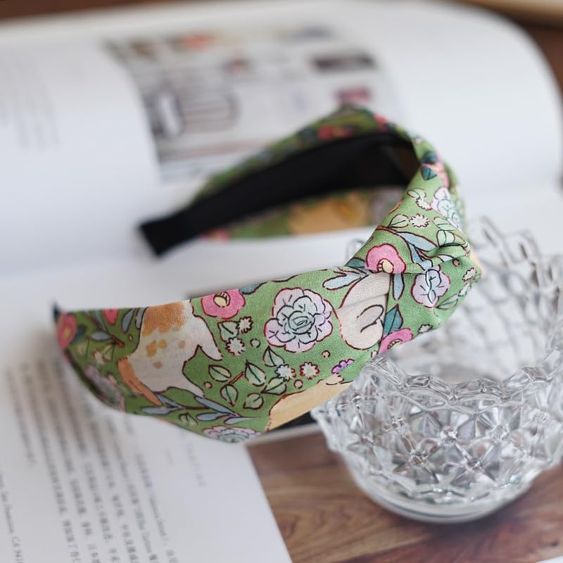 Women's Fashion Headbands - Vintage Ethnic Style Wide Knot Hair Accessories, Floral Fabric Headbands for Women (23-Grass Gree, One Size) - Image 4