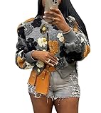 Aimiray Women's Cropped Floral Print Jacket Long Sleeve Fleece Warm Bomber Jacket Lightweight Button Down Coats(Grey-L)