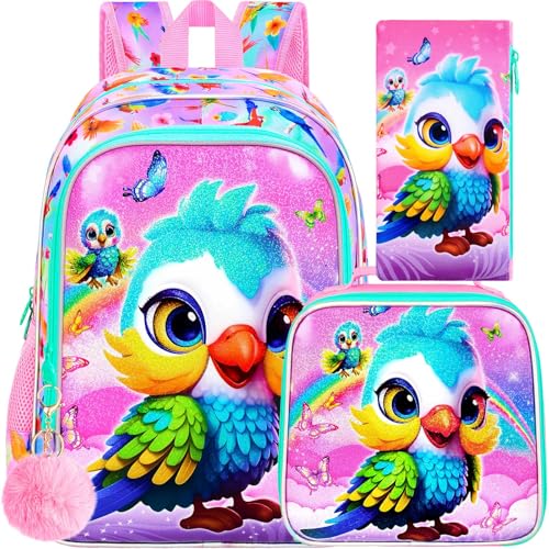 Image of CCJPX 3PCS Parrot Backpack for Girls, 16 Inch Water Resistant Preschool Bookbags, Kids Elementary Kindergarten School Backpacks and Lunch Box