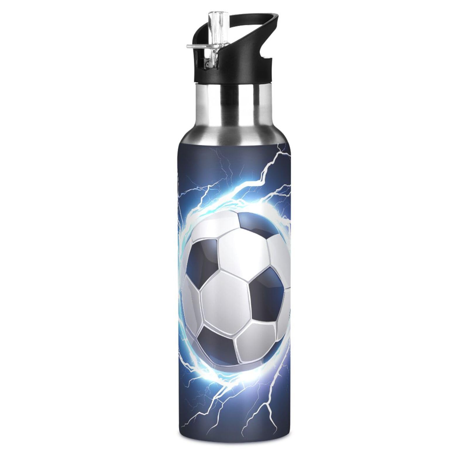 Soccer Ball Lightning Water Bottle Leakproof Insulated Stainless Steel Hot Cold Water Flask with Straw Lid for Sports Travel 20 oz
