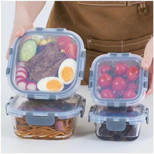 ROSOS Glass Food Storage Containers with Upgraded Airtight Lids, Glass Containers with Lids Super Leak Proof, Not Easy Broken & BPA Free, Food Containers with Lids, Freezer to Oven Safe, 4 Pack, Grey
