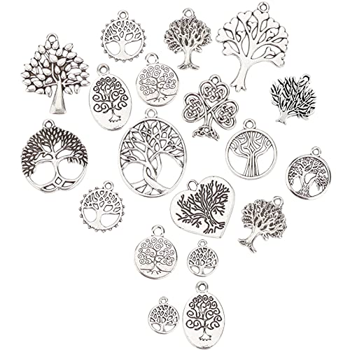 SUNNYCLUE 1 Boîte 56Pcs 14 Styles Arbre de Vie Charmes Pendentif en Acier Inoxydable Tibétain Métal Plat Rond Creux Charmes Pendentif en Forme d'arbre pour Bracelet Collier Résultats de Bijoux