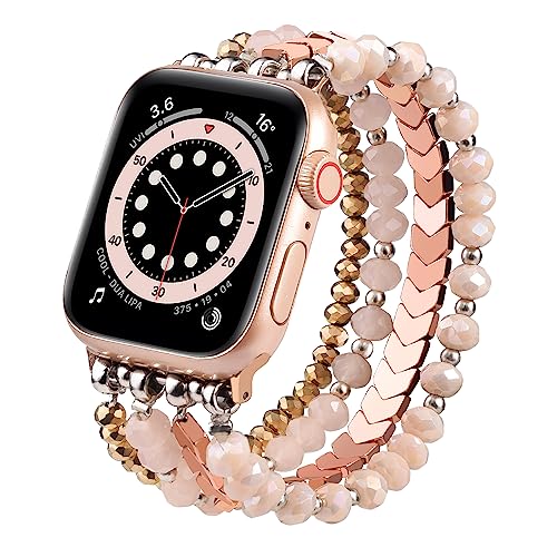 Image of MOFREE Beaded Bracelet Compatible with Apple Watch Band 38mm /40mm /41mm /42mm, Fashion Elastic Stretch Women Bands for iWatch Series 11 /10 /9 /8 /7 /SE /6 /5 /4 /3 /2 /1 iPhone Watch Strap Bands Pink