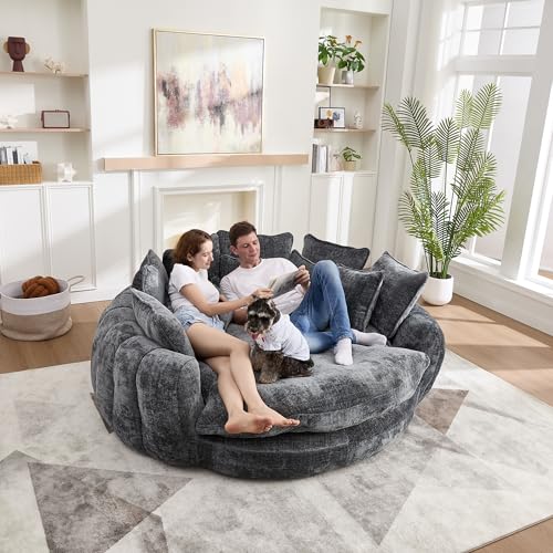 Image of 81 inch Round Sofa Bed Big Bean Bag Round Chaise Lounge Oversized Round Couch Boneless Reading Chair Plush Fluffy Chenille Large Chaise Chair for Living Room, Bedroom, Apartment, Dark Gray