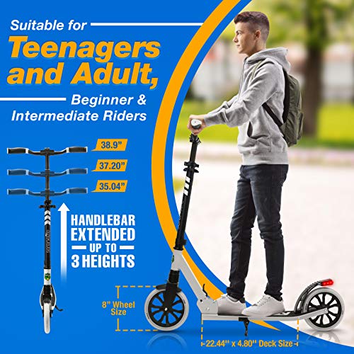 Image of SereneLife Foldable Kick Scooter - Stand Kick Scooter for Teens & Adults with Rubber Grip at Tip, Alloy Deck, Adjustable T-Bar Handlebar Height, Smooth Gliding Wheels, Easy Maneuvering (Black & White)