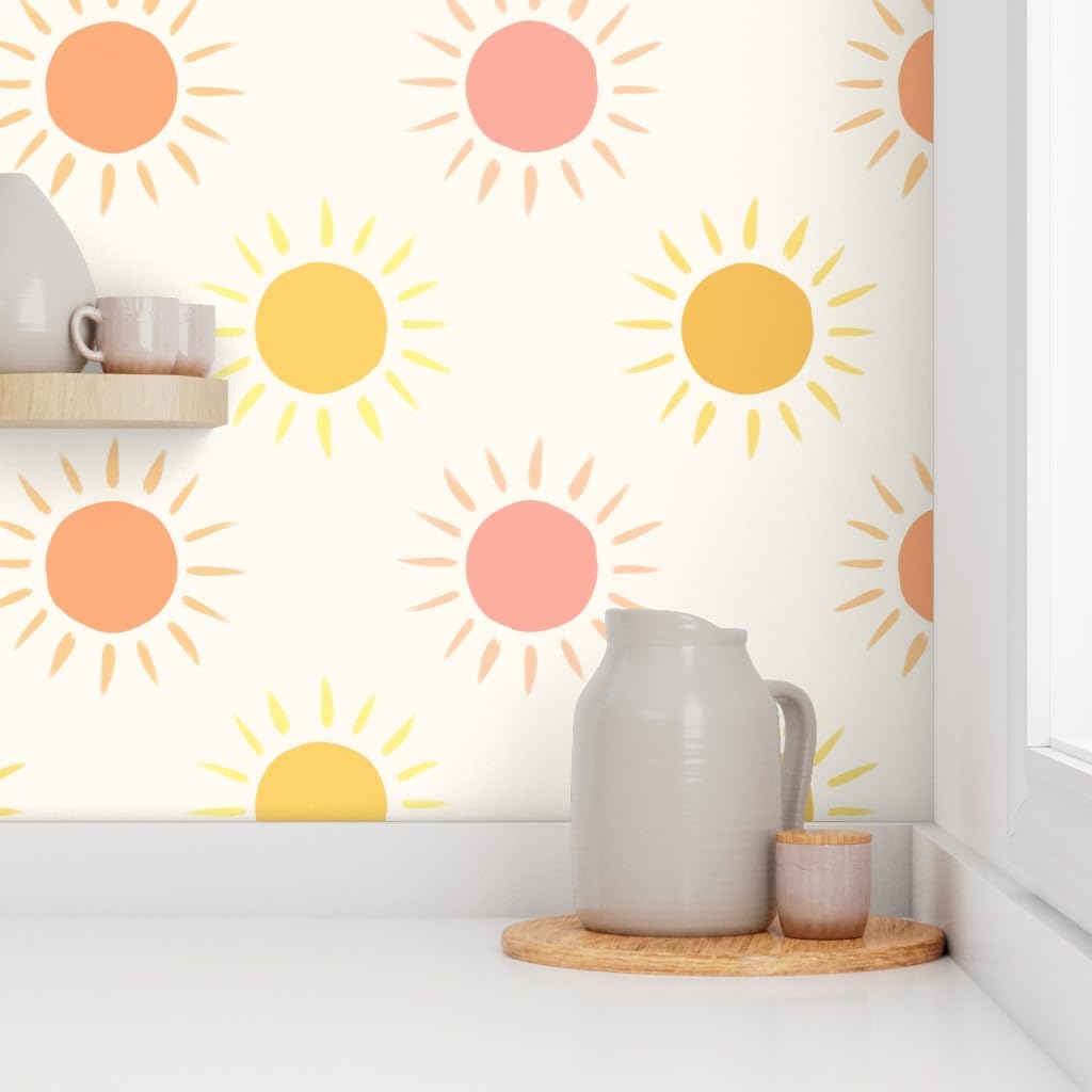 Peel & Stick Wallpaper 12ft x 2ft - Summer Sunshine Coral Pink Mustard Yellow Custom Removable Wallpaper by Spoonflower