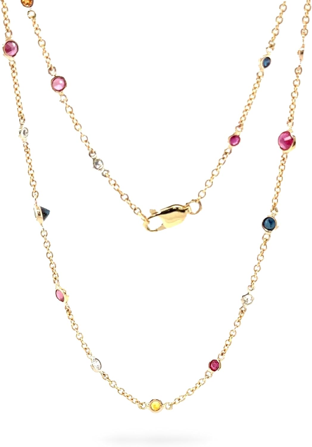 Diamond and Multi Color Gemstone Chain Necklace 24" Long 18K YG