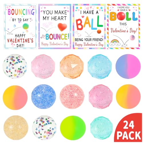 QYESQ Valentines Gifts for Kids - Valentines Day Cards for Kids School, 24 Pack Bouncy Balls, Fidget Toys Bulk, Valentine Exchange Party Favors Class Classroom Prize