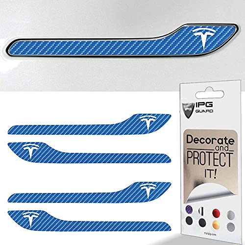Image of IPG Compatible for Model 3 / Model Y /Juniper Door Handle Decal Sticker Wrap Kit (Set of 4) with Tesla Logo Personalize Your Tesla (Deep Blue Carbon Fiber)