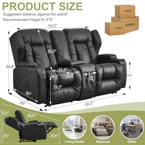 Image of SAMERY 65.5 inch RV Loveseat Recliner Double Recliner RV Sofa & Console | Wall Hugger Loveseat Reclining RV | RV Theater Seats | RV Couch | RV Home Theater Seating Furniture (Faux Leather Black)