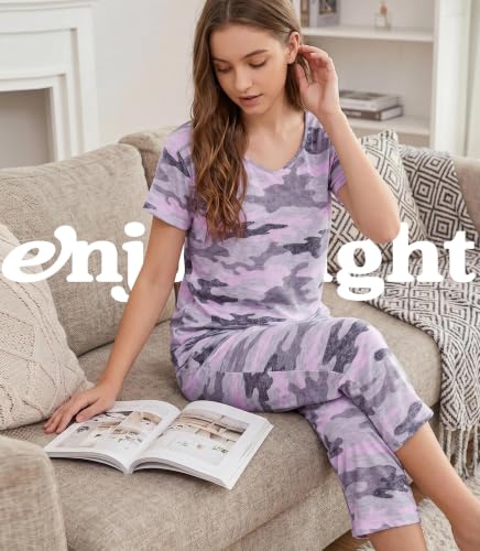 Image of ENJOYNIGHT Womens Pajama Sets Cotton Pj Set Short Sleeve Top With Capri Pants Sleepwear 2 Piece Lounge Set