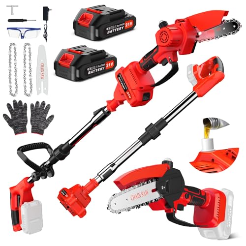 2-In-1 Akku-Hochentaster & Akku-Kettensägen-Set, Mini-Kettensäge kabellos 8 Zoll mit 2 wiederaufladbaren Akkus, 153 cm Verlängerungsstange, 650 W Reinkupfermotor, 0-90° Einstellwinkel, Elektrische Ast
