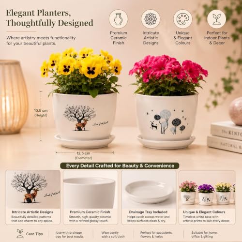 Image of Xtore Artistic Hand-Painted Ceramic Planter Set of 2 with Drain Tray | Elegant Indoor Plant Pots for Desk, Balcony & Home Decor (Pack of 2, Planter only)